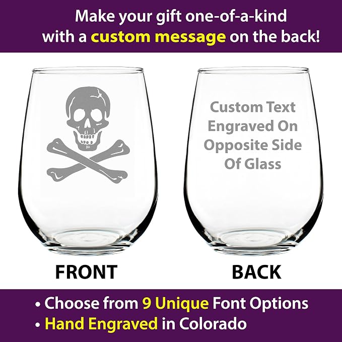 Custom Skull and Crossbones Personalized Stemless Wine Glass - Skull Decor and Jolly Roger Flag Gifts - Large 17 Oz Glasses - Customized Wine Glass Gift - Image 2