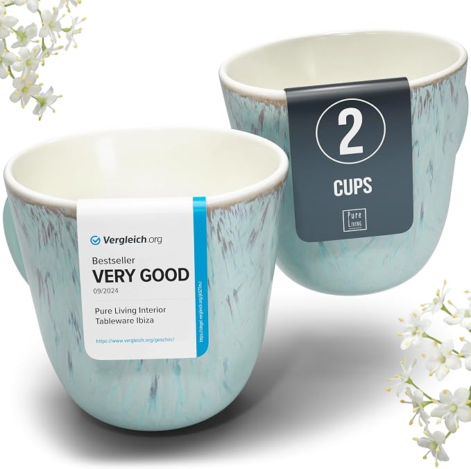 PURE LIVING INTERIOR DESIGN Stoneware Coffee Mugs Set of 2, Modern Beige-Blue, 14.5 Oz, Ceramic, Dishwasher & Microwave Safe by PURELIVING