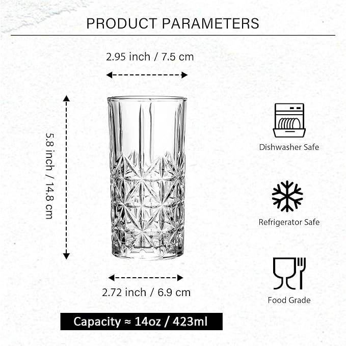 Highball Glasses - Water Glasses Set of 6-14 Ounce Collins Tall Beverage Cups Glassware for Drinks, Coctail, Water, Beer, Soda - Image 2