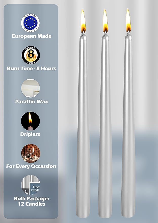 Hyoola 12 Pack Tall Metallic Taper Candles - 10 Inch Silver Metallic, Dripless, Unscented Dinner Candle - Paraffin Wax with Cotton Wicks - Image 4