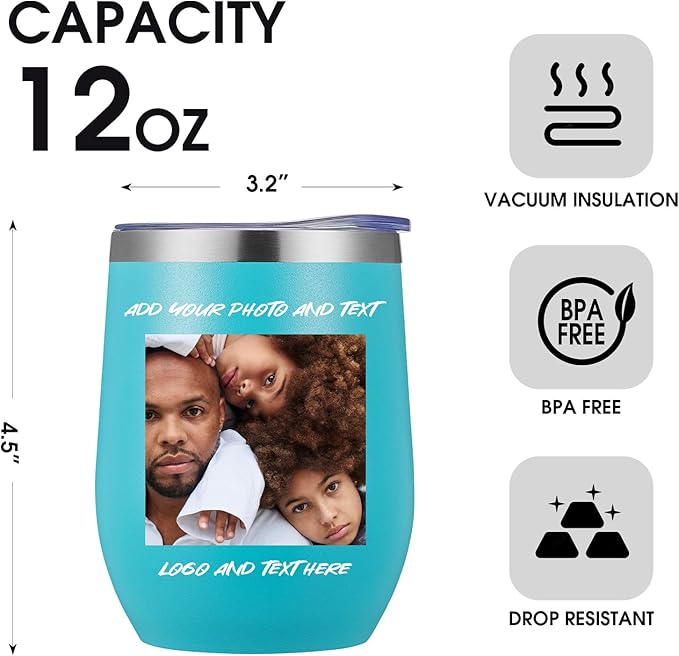 48 Pack Personalized Wine Tumbler,12oz Custom Stainless Steel Coffee Mug,Tumblers with Lids,Customizable with Picture and Names Engraving,Suitable for Woman,Men,Families and Travel