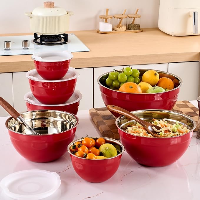 Red Mixing Bowls with Airtight Lids, Stainless Steel Nesting Mixing Bowls Set of 7, Ideal for Baking, Prepping and Serving Food, Size 7, 3.6, 2.7, 2.1, 1.5, 1.1,0.8 QT, Stackable Design - Image 8