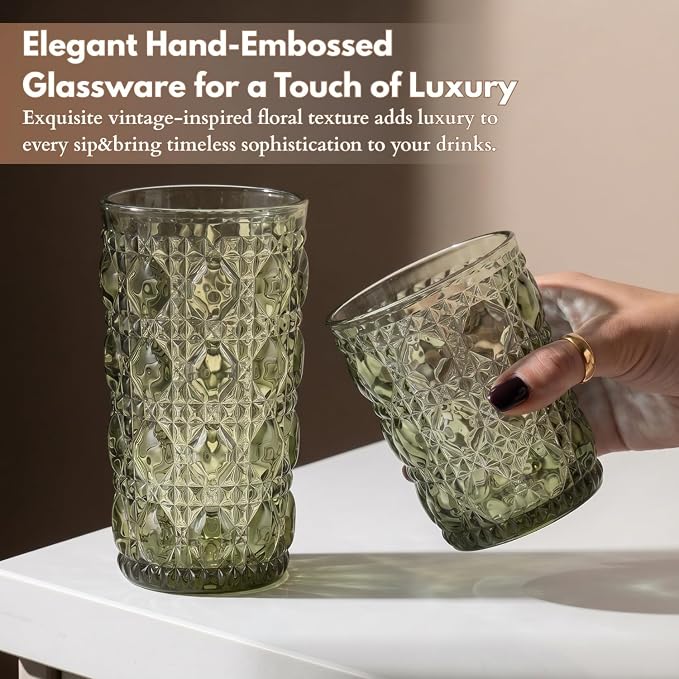 Green Drinking Glasses Set of 12, 12 Oz Highball & 10 Oz Cocktail Glasses, Green Kitchen Vintage Glassware Set, Floral Embossed Glass Tumbler Cups for Beer, Juice, Whiskey, Coffee(Gem) - Image 3