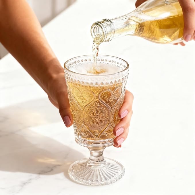 ZAVOOS Set of 6 Clear Glass Goblet, 12 Oz Vintage Romantic Wine Glasses | Embossed Floral Glass Cups Set, Bar Tumbler Drinking Glassware for Iced Tea, Wine, Beer, Juice, Cocktail, Whiskey - Image 5