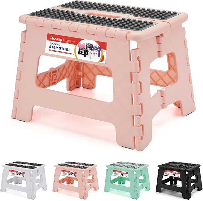 ACSTEP 9 Inch Folding Step Stool 300 LB Capacity Non Slip Foot Stool with Handle Plastic Foldable Step Stools for Kids Stepping Stool for Bathroom Black Small Step Stool (1 PC Pink) | Heavy Duty Foldable Stools, Lightweight, Holds 300 lb, for Toddler K... by ACSTEP