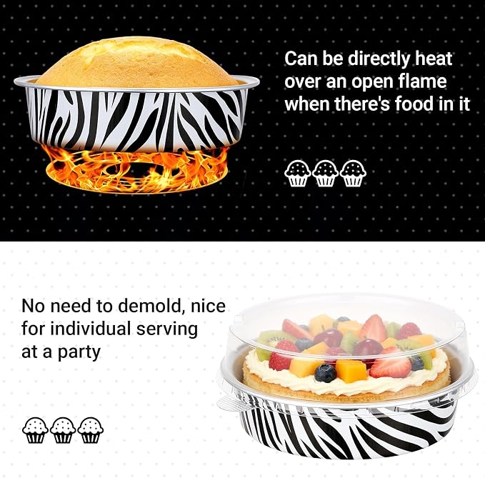 Beasea Mini Tart Pans with Lids 50 Pack, 4" 7.3oz Disposable Aluminum Foil Baking Tins Cups Round Pie Container for Individual Cupcake Dessert Muffin Cheesecake Quiche - Zebra Stripes - Image 3