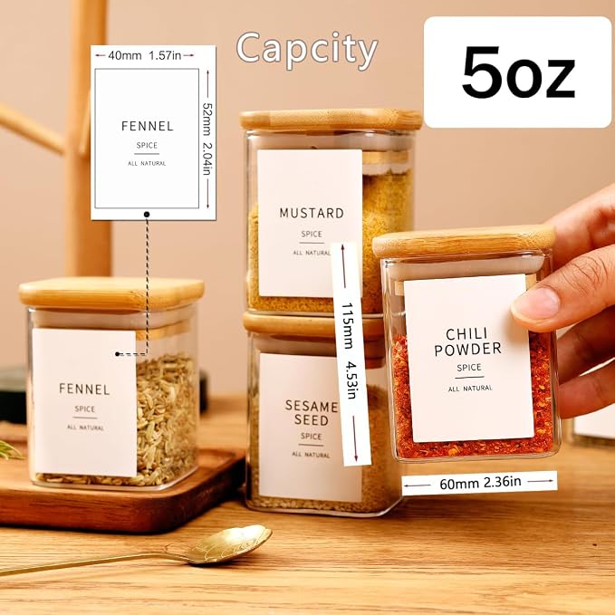 HHMJSM 12 Pcs Square Glass Spice Jars with Natural Bamboo Lids - 5oz Airtight Herb Containers with 148 Waterproof Minimalist Spice Labels Preprinted - Empty Small Seasoning Jars for Kitchen Pantry - Image 6