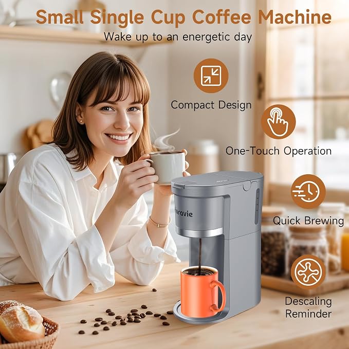 Small Single Serve Coffee Maker, One Cup Coffee Machine for K-Cup & Grounds | Portable Pod Coffee Maker, Fast Brew, 6 to 12 oz. Brew Sizes, One Button Design, Easy for Elder to Use, Space Saving, Black - Image 2