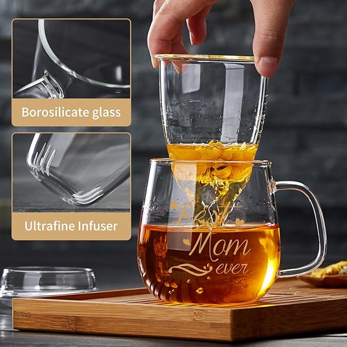 Glass Tea Cup 17.6oz, “Best Mom Ever” Mothers Day Cup with Gift Box, Gifts Mug for Mom, Glass Mug Teacup, Tea Cups for Mom Birthday, Perfect for Grandma & Daughter