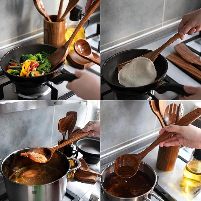 Wooden Utensil Set, 8 Pcs Teak Wooden Spoons for Cooking with Holder | Includes Spatula, Turner, Ladle, Skimmer, Spoon Rest & 6 Hooks – Sturdy, Non-Scratch, Easy to Clean - Image 9