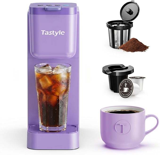 Tastyle Single Serve Coffee Maker Hot and Iced with Bold Brew, Up to 16 Oz | for K Cup and Ground, Fits 7.3'' Travel Mug, 5 Cup Sizes, Compact for Office, RV& Hotel, K320, 3.0 Version, Purple by Tastyle