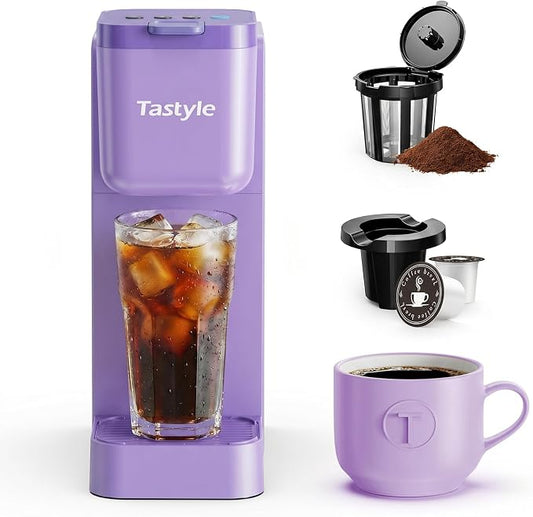 Tastyle Single Serve Coffee Maker Hot and Iced with Bold Brew, Up to 16 Oz | for K Cup and Ground, Fits 7.3'' Travel Mug, 5 Cup Sizes, Compact for Office, RV& Hotel, K320, 3.0 Version, Purple by Tastyle