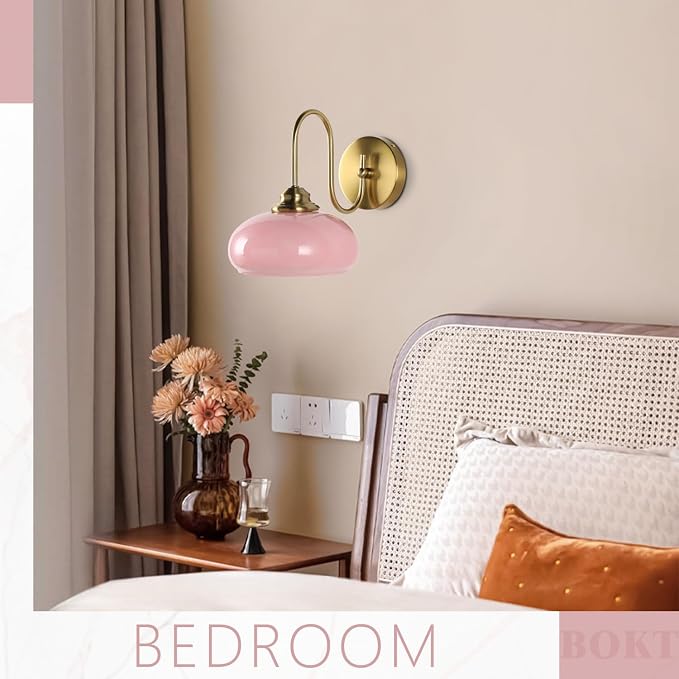 Modern Wall Light Elegant Pink Glass Wall Sconce for Bedroom Gold Semi-Flush Mount Wall Lamp Hardwired for Cafe, Dining Room, Hallway, Indoor Use - Image 6