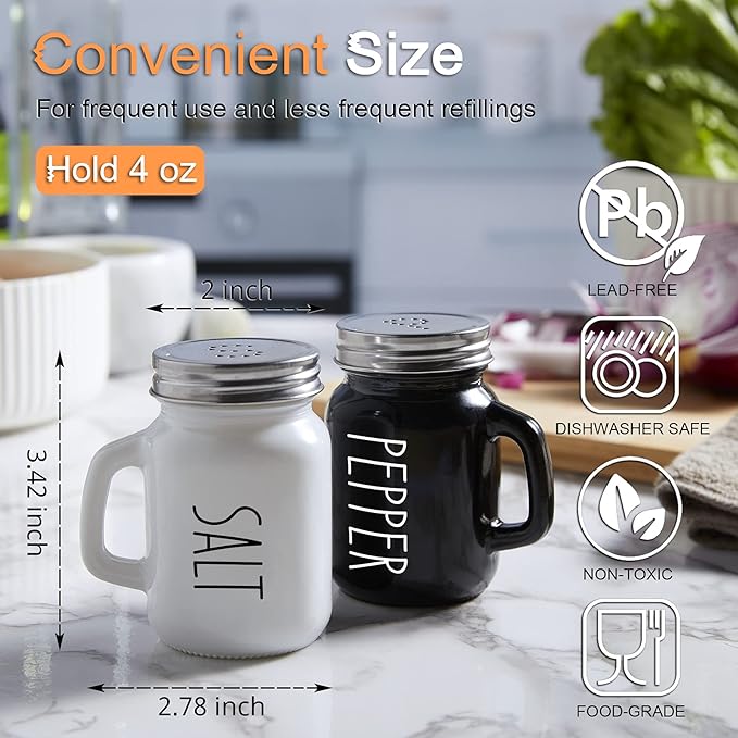 Salt and Pepper Shakers Set, ZOSUJO 4 oz Cute Salt Pepper Shaker, Kitchen Decor for Home Restaurants Wedding, Glass Black White Sets with Stainless Steel Lids - Image 3