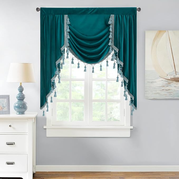 Teal Velvet Valances Waterfall Curtains W39 inches, 1 Panel | Luxury Victorian Valance Curtains for Kitchen, Dining Room, Privacy Thermal Insulated Curtain for Bedroom, Rod Pocket by StangH