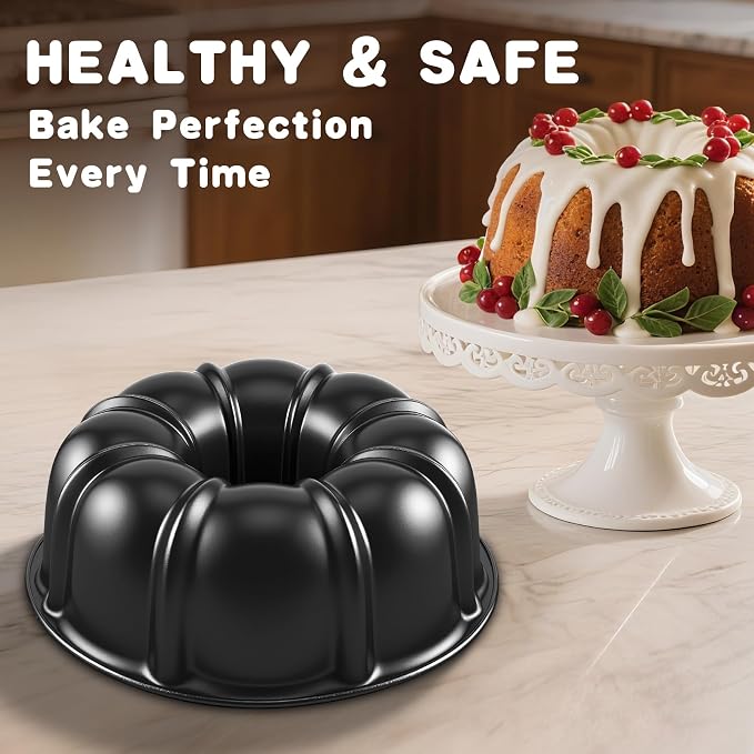 10” Cake Pan 2-PACK, Nonstick Round Cake Baking Pan, Buntz Pound Cake Mold,Tube Bakeware,Baking Mold for Jello/Gelatin/Chocoflan/Flan, Non Toxic, Easy Clean - Black - Image 6
