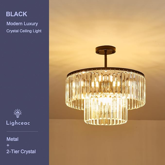 17.7" Black Semi Flush Mount 2-Tier Crystal Ceiling Light Fixtures for Dining Room Modern Luxury 8-Light Chandeliers Lighting for Bedroom Entryway Hallway Kitchen Island Living Room Foyer - Image 3