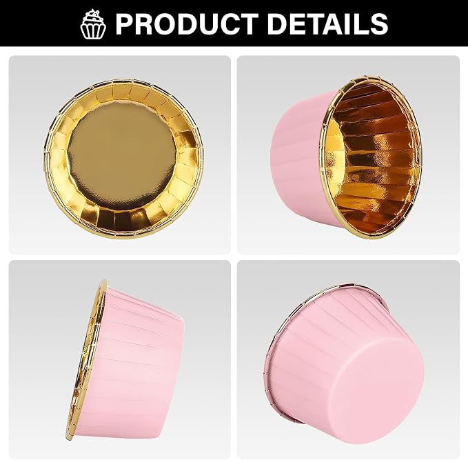 EUSOAR Cupcake Liners, 50pcs 3.5oz Aluminum Foil Wrappers Muffin Cupcake Containers, Disposable Dessert Ramekins Paper Baking Cups Mini Cheesecakes Holders for Birthday Wedding Party-Pink/Gold - Image 3