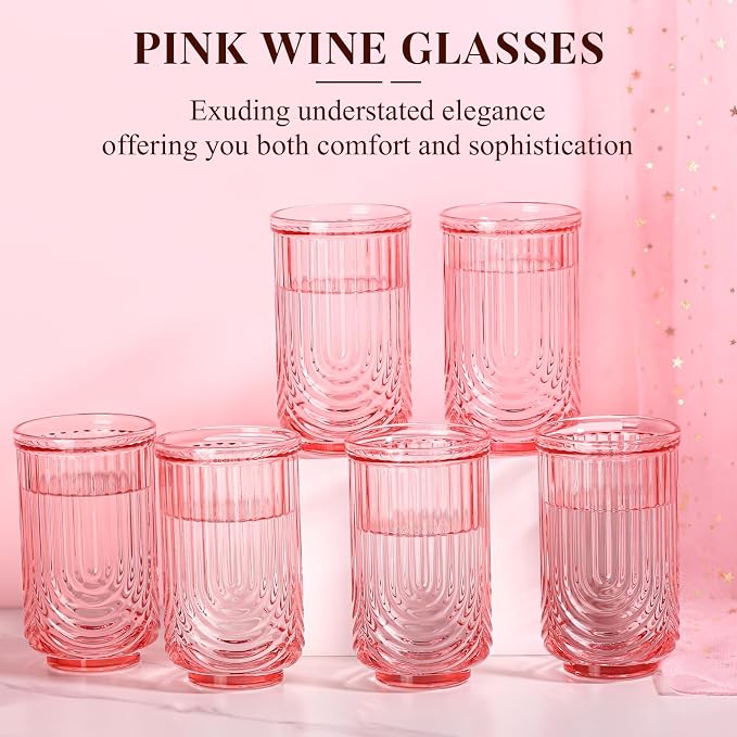 Pink Vintage Drinking Glasses Set of 6-17oz Hand-Blown Highball Ribbed Glassware, Arch Design Cocktail Glasses for Whiskey Water Beverages Ice Coffee Juice Milk - Image 2