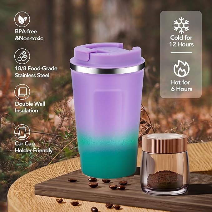 Volhoply 12 oz Double Wall Insulated Vacuum Travel Coffee Mug with Flip Lid Bulk 4 Pack,Reusable Stainless Steel Leak Proof Coffee Cups,Portable Cafe Thermal Tumbler for Cold Drinks(Assorted,4 Set) - Image 5