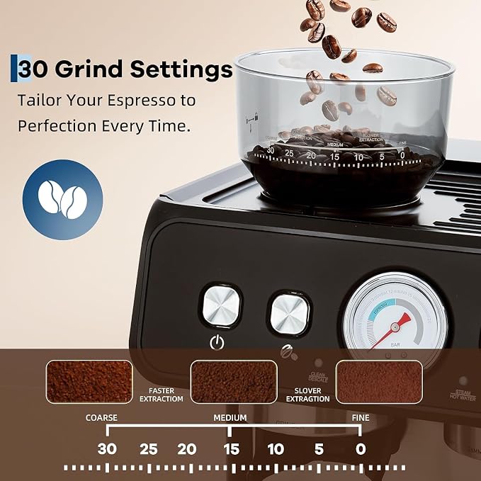 Espresso Machine with Grinder, 20 Bar Semi Automatic Espresso Maker with 30-Setting Precision Coffee Grinder & Steam Wand, 1450W Coffee Machine with 2.8L Water Tank for Home - Image 4