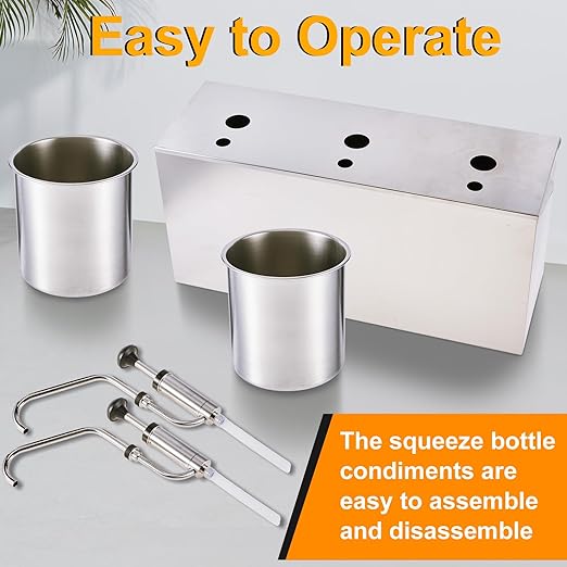 Lasnten Condiment Pump Ketchup Sauce Dispenser 3.7 Quart Stainless Steel Syrup Station Container for Salad Jam Seasoning (3.7 Quart x 2)