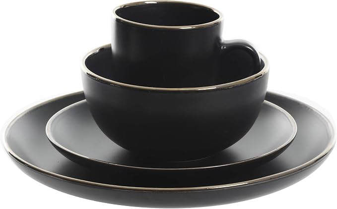 Gibson Home Rockaway 16-Piece Round Stoneware Dinnerware Set, Service for 4 – Black with Gold Rim Plates and Bowls, Microwave & Dishwasher Safe - Image 3