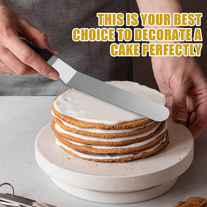 Litoexpe 6 Pack Stainless Steel Icing Spatulas with 3 White Cake Smoother Scrapers, Angled Cake Spatulas Cake Smoother Scrapers, Frosting Offset Spatula Set for Cake Decorating Baking (6", 8", 10")