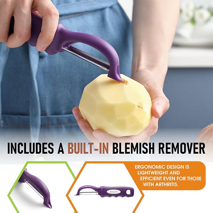 Spring Chef Swivel Potato Peeler with Ergonomic Handle, Purple | Premium Vegetable Peeler w/ Sharp Stainless Steel Blades, Multifunctional Food Peeler for Apple, Carrot, Cucumber, Fruit - Image 5