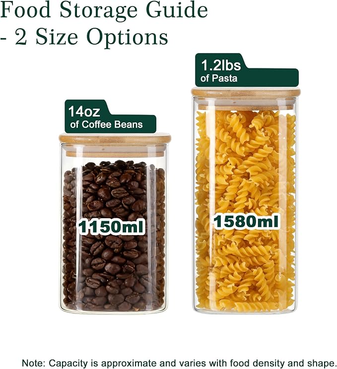 LIBWYS 8-Pack Glass Pantry Storage Jars with Bamboo Lids (1.22Qt/1.67Qt) | Stackable Square Food Containers for Pantry Organization, Coffee, Flour, Snacks, Tea, Sugar | Dry Food Kitchen Canisters Set - Image 4