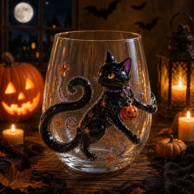 Halloween Ghost Stemless Wine Glass, 3D Raised Pumpkin Black Cat Spider Design Glassware Collection, Novelty Spooky Drinking Glasses for Cocktails, Halloween Party Decor Home Bar Gift，Kitten style by Unknown