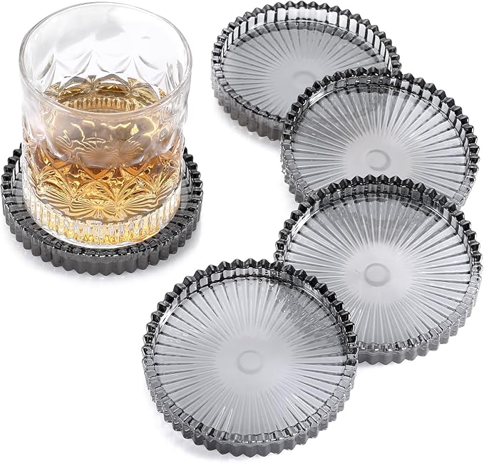 Modern Clear Coaster Set of 5- Glass Coasters for Drinks, Clear Black | Crystal Coasters Round Cup Mat Coffee Table Decor for Office, Kitchen, Bar, Dining Room, Living Room, Patio by Unknown
