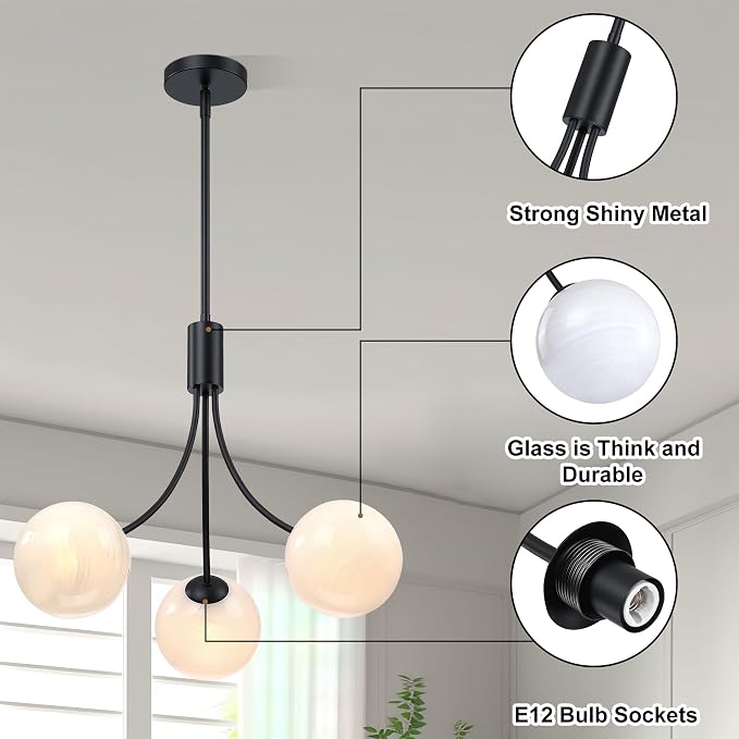 Bubble Chandelier, Modern Glass Black Sputnik Chandelier 3-Light Ceiling Light Fixture Shades Stylish Bright Lighting for Dining Room Kitchen Bedroom Living Room Foyer Home Decor - Image 7