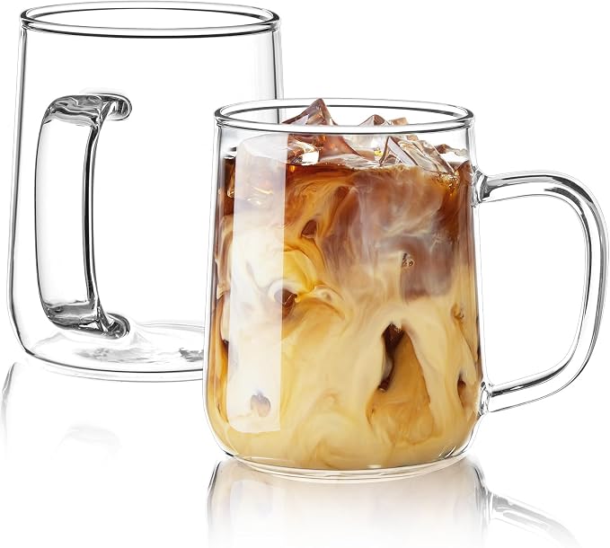 Glass Coffee Mugs, 14 oz Glass Coffee Cups Set of 2, Clear Borosilicate Glass Mugs with Handles for Cappuccino, Tea, Latte, Hot/Cold Beverages, Wine, Americano by Unknown