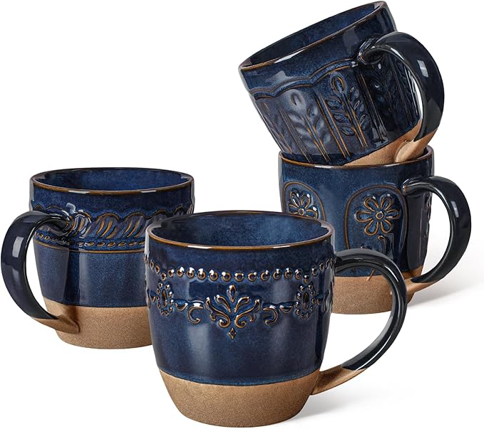 Artena Ceramic Coffee Mugs Set of 4, 16oz Embossed Large Latte Mugs Coffee Cups with Handle for Tea, Latte, Cappuccino & Cocoa, Milk Dishwasher & Microwave Safe, Blue (Multiple Patterns) by Artena