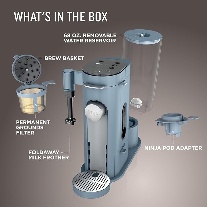 Ninja Pod & Grounds XL Coffee Maker, K-Cup Compatible, Denim Blue, PB055ABL | Brews Grounds, Compact Design, Built-In Milk Frother, 68-oz. Reservoir, 6oz. Cup-24oz. Mug Sizes - Image 6