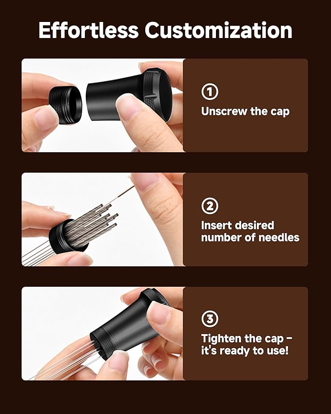 WDT Espresso Distribution Tool - Espresso Accessories with Built-in Cleaning Brush - Espresso Stirrer Tools- 0.35mm 7 Needle Distributor and Extra 7 Needles - Aluminum Handle with Stand