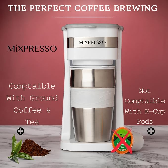 Mixpresso Single Serve & Single Cup Coffee Maker with 14oz Travel Mug White | For ground coffee only, reusable filter, auto shut off. Compact personal drip coffee maker, not compatible with K-Cup pods. - Image 4