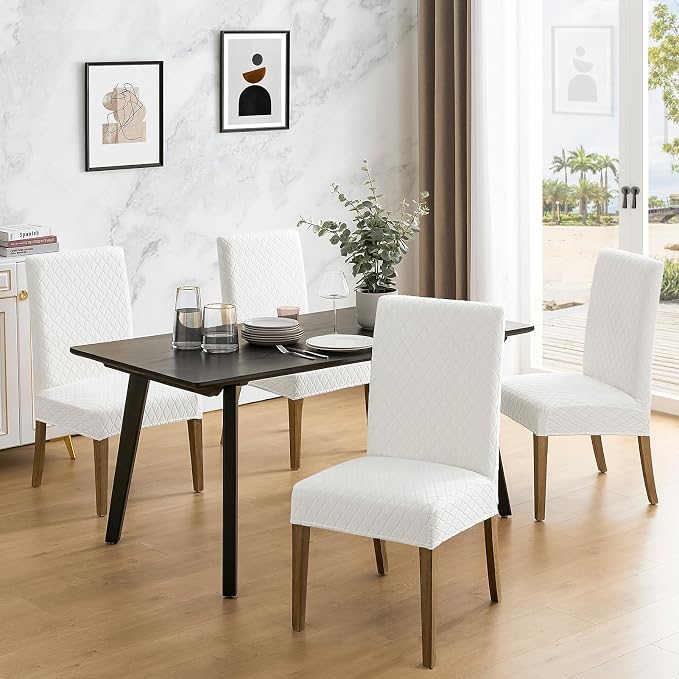 MOSAYT 100% Waterproof Dining Room Chair Covers Set of 2, Super Fit Stretch Jacquard Parson Chairs Slipcovers Removable Washable Chair Seat Protectors for Home, Kitchen, Banquet (White) - Image 2