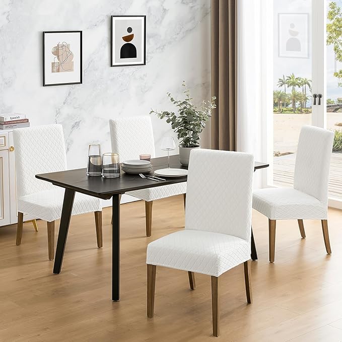 MOSAYT 100% Waterproof Dining Room Chair Covers Set of 4, Super Fit Stretch Jacquard Parson Chairs Slipcovers Removable Washable Chair Seat Protectors for Home, Kitchen, Banquet (White - XL) - Image 2