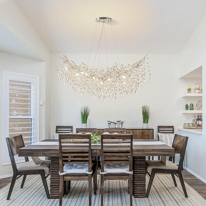 55" Crystal Tree Branch Chandelier Chrome Rectangular Chandelier | 16 Lights Luxury Raindrop Chandeliers Modern Hanging Pendant Light Fixtures for Dining Room Kitchen Island Living Room - Image 4