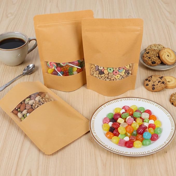 Moretoes 120pcs 5.9x8.6in Kraft Resealable Bags with Window for Business | Stand Up Pouches, Ziplock Bags with Window, Home & Small Business Packaging for Granola, Coffee, Snacks, Herbs, Dried Goods - Image 6