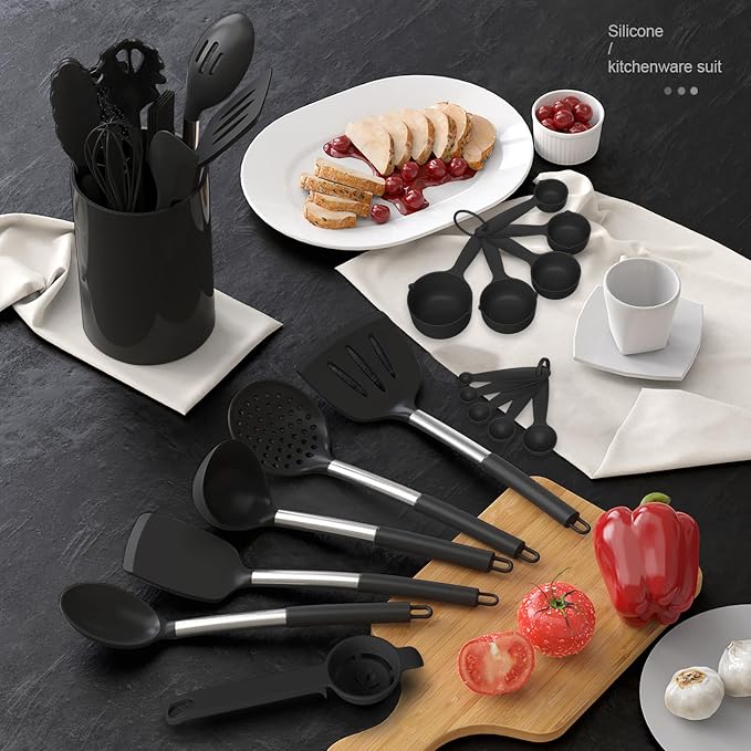 oannao Large Silicone Cooking Utensils Set - Heat Resistant Kitchen Utensils Sets,Spatula,Spoon,Turner Tongs,Whisk,Stainless Steel Cooking Utensil for Nonstick Cookware Dishwasher Safe (Black) - Image 8
