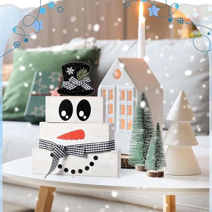 Moucuny 4 Pcs Winter Table Decoration Wooden Snowman Decor Black and White Winter Tiered Tray Decor Rustic Snowman Face Wood Block Sign Gift Christmas Centerpiece Farmhouse for Wonderland Home - Image 4