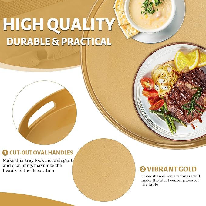 MAONAME 13" Gold Decorative Tray, Plastic Round Serving Tray with Handles | Decorative Tray for Coffee Table, Modern Ottoman Tray, Circle Tea Tray, Round Melamine Tray for Living Room, Bathroom - Image 3