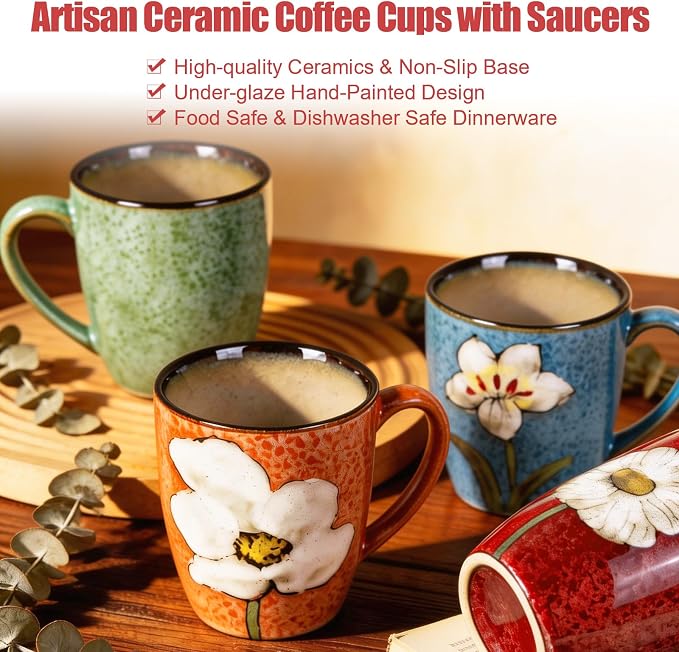 12oz Coffee Mugs Set of 4, Hand-Painted Floral Stoneware Cups with Handle, Dishwasher Microwave Oven Safe, Cappuccino Mugs for Latte, Tea, Espresso & Hot Cocoa, for Home Kitchen & Cafe, Mix - Image 5