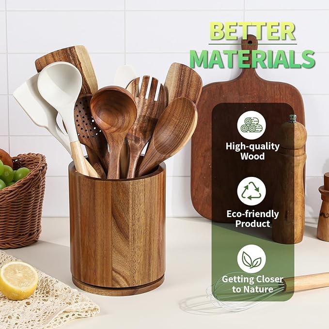 Acacia Wood Utensil Holder, 360° Rotating 7.3 in Kitchen Organizer | Rustic farmhouse countertop decor. Rotating base for easy access to spatulas, spoons, and cooking utensils. 7.3-inch capacity - Image 5