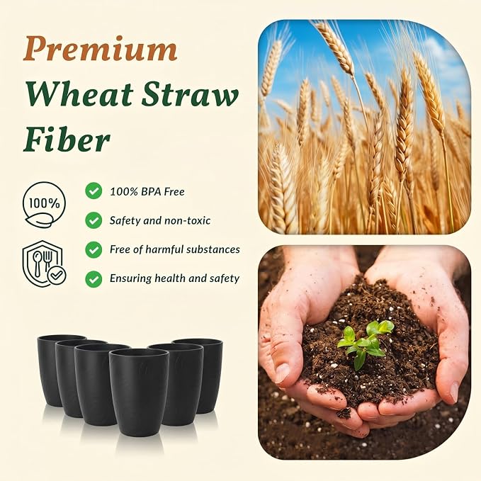 Homienly Wheat Straw Drinkware 12oz Unbreakable Drinking Glasses 6-Piece Stackable Kithen Cups Dishwasher and Microwave Safe Cups for Everyday Family Meals, Entertaining-Black - Image 4