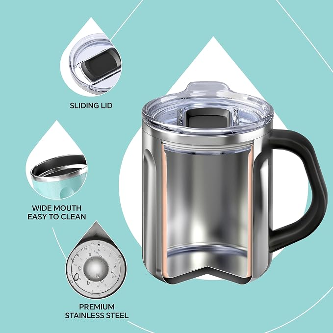 Ideus 16 oz Insulated Coffee Mug with Handle and Lid, Double Wall Stainless Steel Vacuum Thermal Coffee Mug, Travel Coffee Cup Thermal Cup for Home and Office, Sky Blue-FUJI FLOW - Image 3