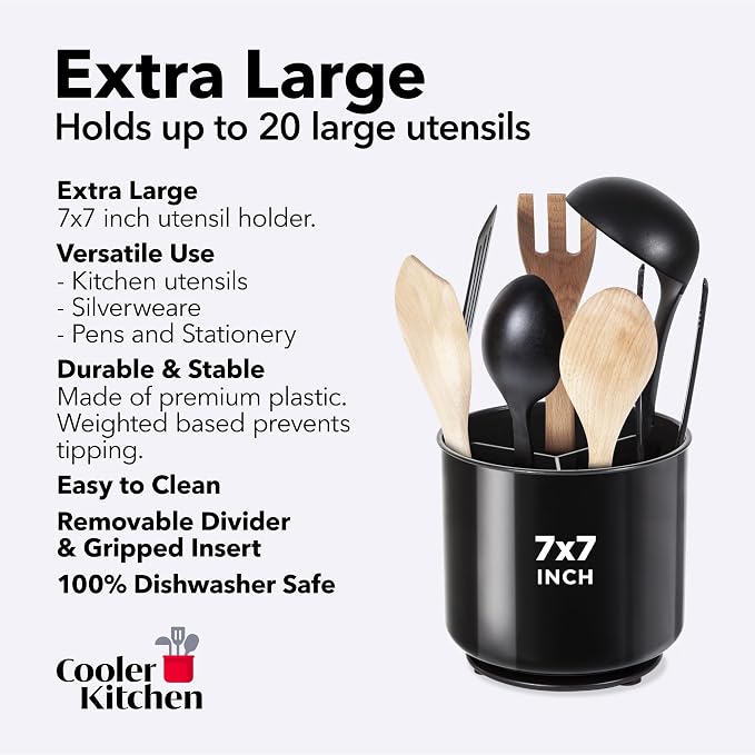 Cooler Kitchen Jumbo Extra Large Sturdy Rotating Black Utensil Holder Caddy with No-Tip Weighted Base, and Gripped Insert - Rust Proof and Dishwasher Safe Kitchen Utensils Holder - Image 5